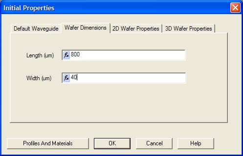 Optical BPM - Initial Properties dialog box—Wafer Dimensions tab