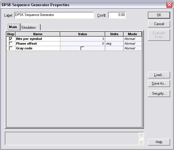 Optical System - Figure 2 -  DPSK Sequence Generator component parameters The