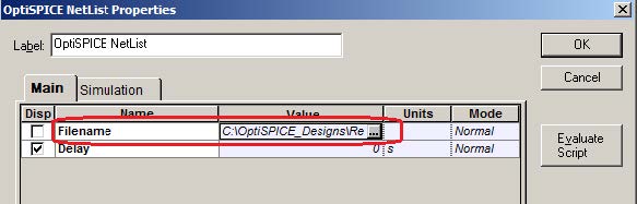 Optical System - Figure 3 - Selection of the OptiSPICE Netlist file within the OptiSPICE Netlist component